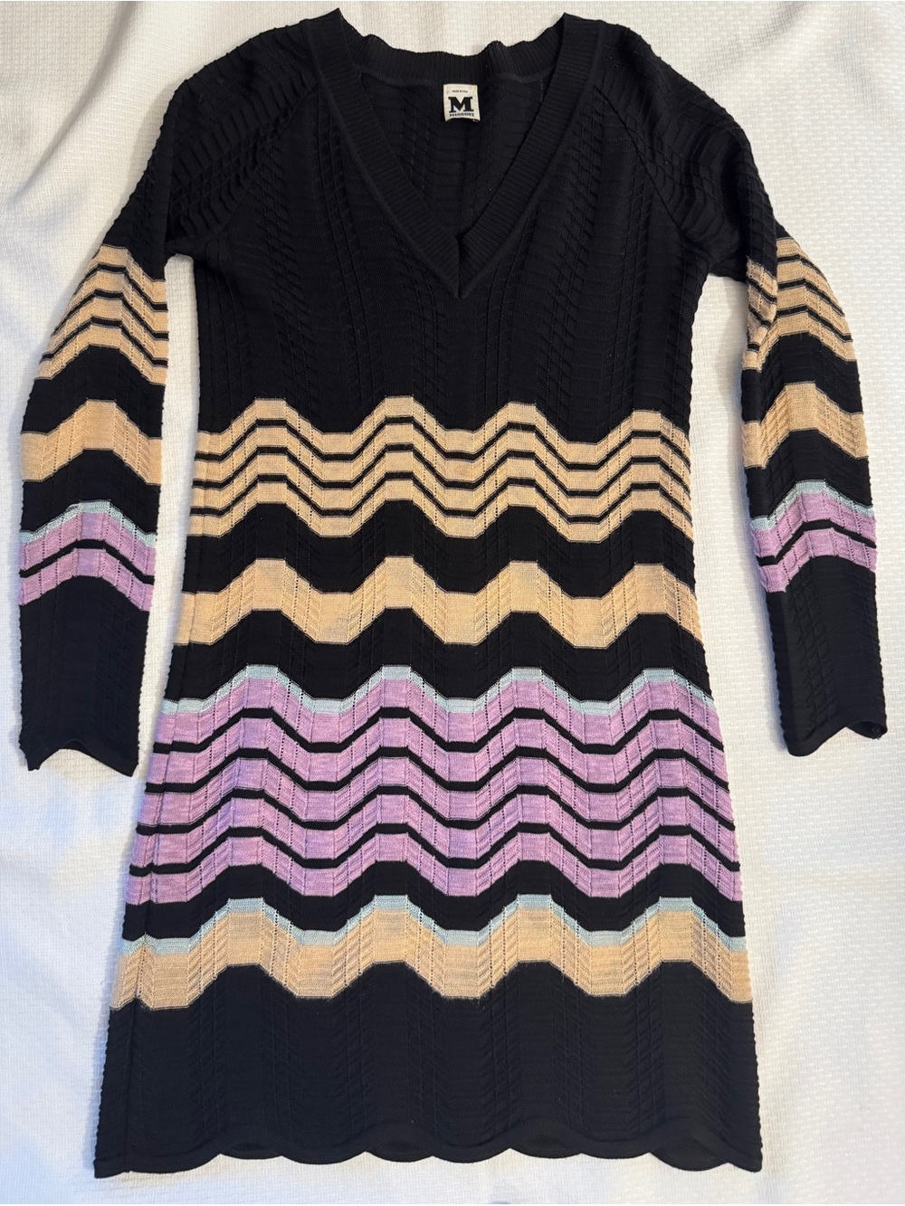 M Missoni Chevron Sweater Dress Merino Wool Black V-Neck Raglan M 8 10